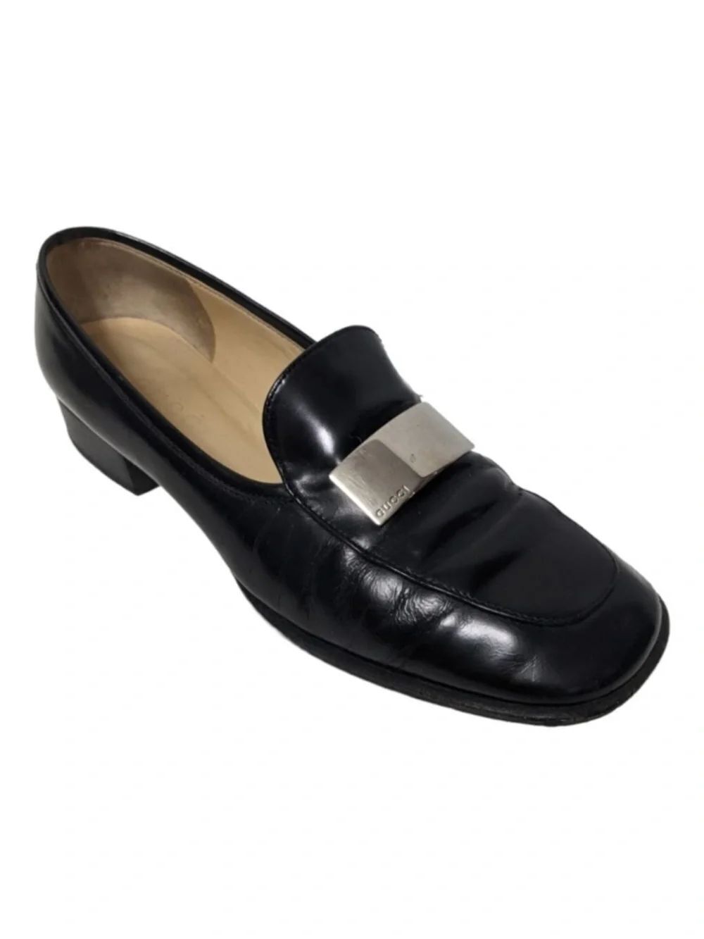 GUCCI Silver Logo Tab Leather Minimalist Loafers 6.5